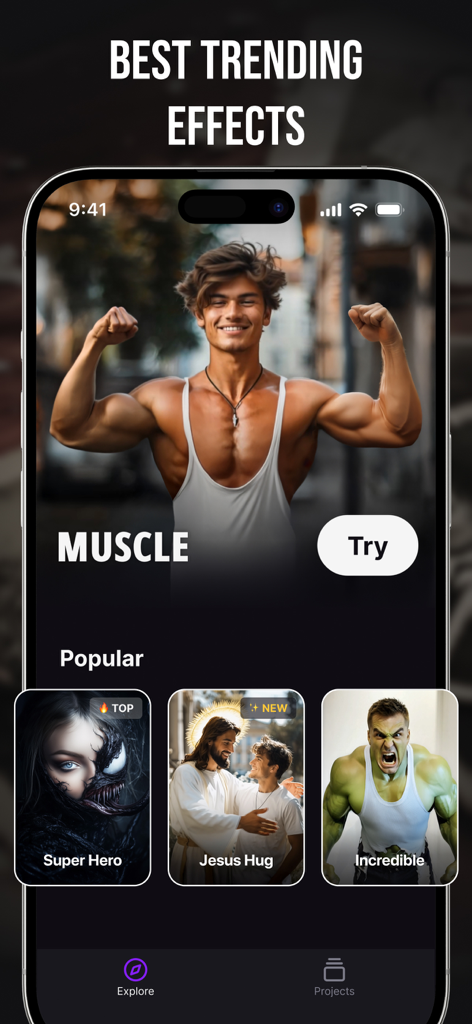 Live Photo: AI Image Generator - Screenshot of the Live Photo app showing trending AI photo effects like muscle transformation and the Jesus Hug filter.