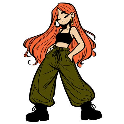 girl in baggy pants crop top and long hair
