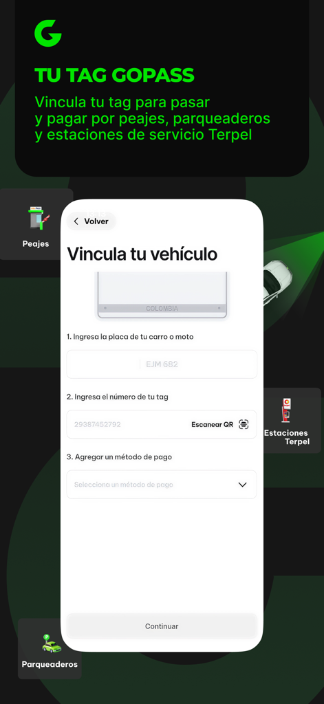 Gopass - Mobile interface of the Gopass app showing the steps to link a vehicle by entering its license plate tag number and payment method