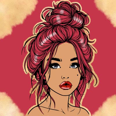 realistic girl with a messy bun and she has lips