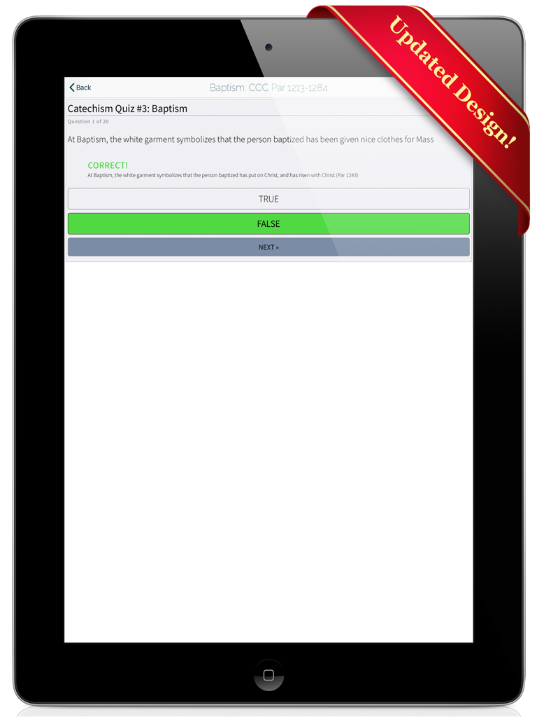 CCCSeries1HD - iPad screen showing a true or false quiz question about Baptism in the CCCSeries1HD app