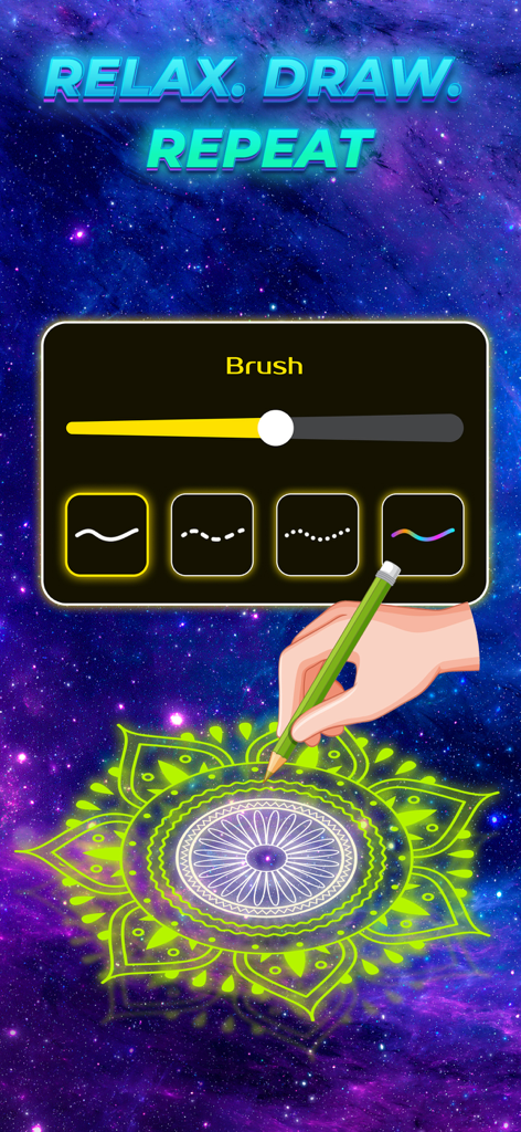 Eine Hand, die mit einem Pinselwerkzeug in der Magic Glow Art App ein neongrünes Mandala zeichnet