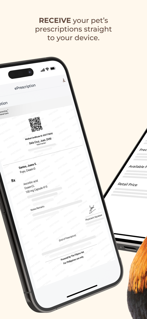 PVET Clinic - PVET Clinic app displaying a digital ePrescription for a pet on a smartphone