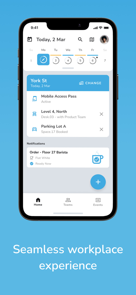 Calven - Pantalla de inicio de la aplicación móvil Calven que muestra reservas de escritorios de oficina y servicios de lugar de trabajo