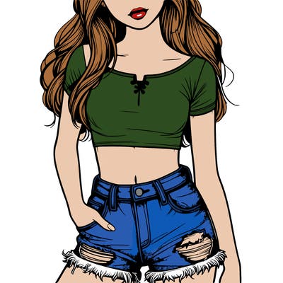 realistic girl with a crop top and ripped jean shorts