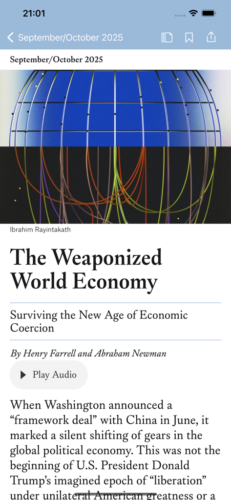 Foreign Affairs Magazine - A screenshot of an article about the weaponized world economy in the Foreign Affairs Magazine app.