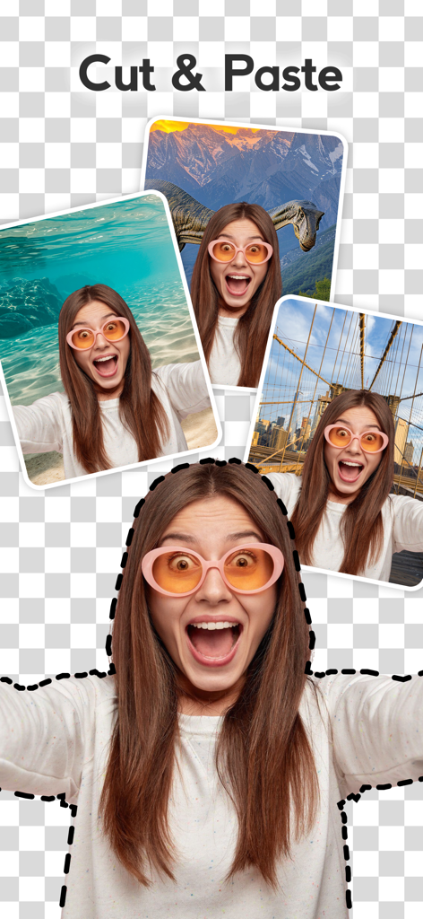 Cut Paste – Erase Background - A woman cut out from a photo and pasted onto various creative backgrounds including underwater and city scenes