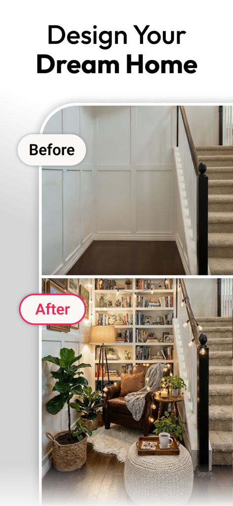 AI Interior Design - Interio - Uma comparação antes e depois de um canto vazio transformado em um recanto de leitura aconchegante com estantes e uma poltrona usando IA.