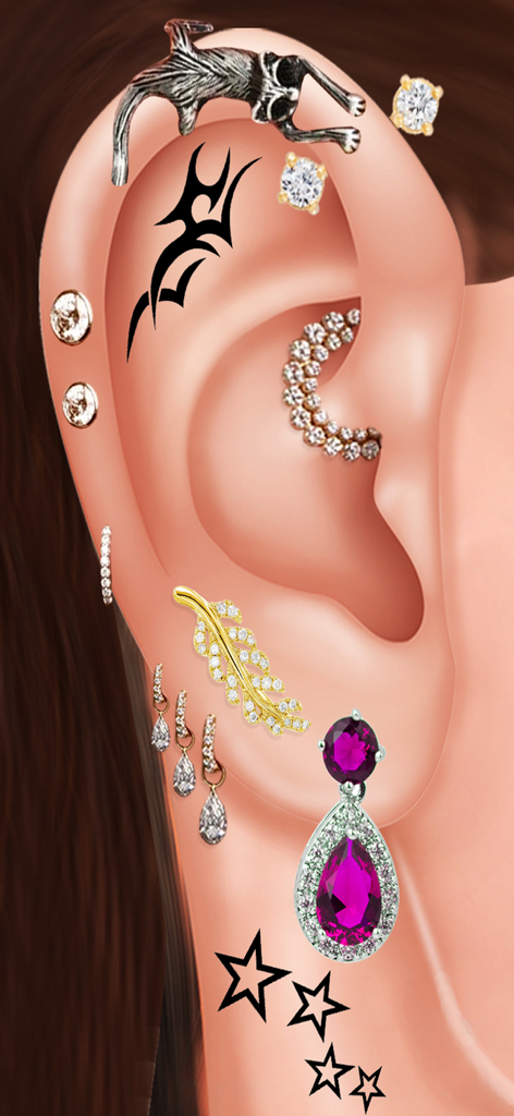 A close up of a virtual ear decorated with multiple earrings and black tattoos from the ASMR Doctor game