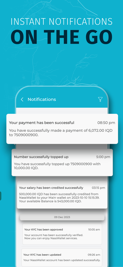 NassWallet-App-Benachrichtigungen, die erfolgreiche Zahlungs- und mobile Aufladungsalarme anzeigen