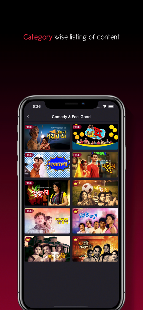 Platform8 - A mobile screen showing the Platform8 app interface with a category-wise listing of Bengali comedy and feel-good movies.
