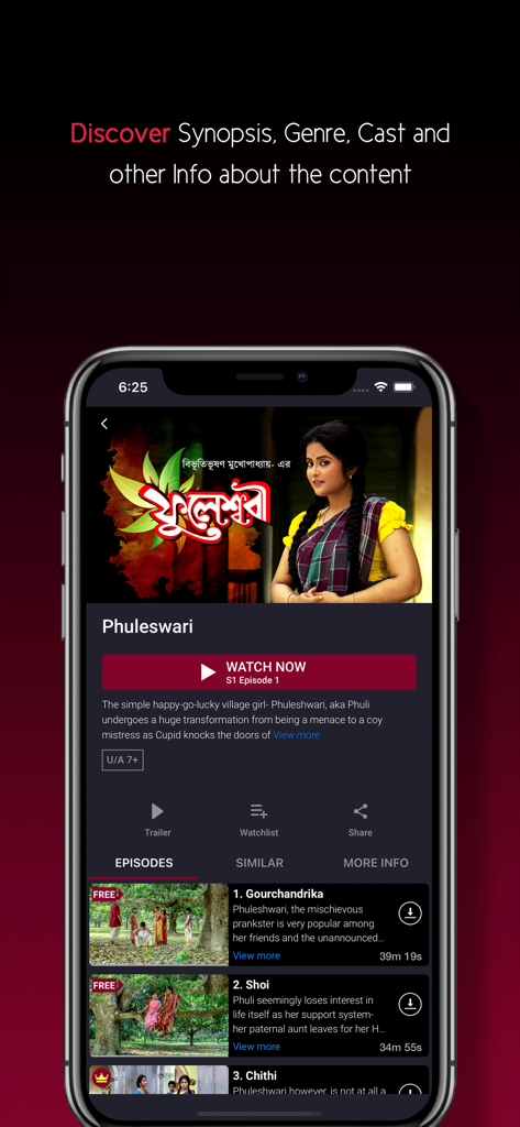 Platform8 - A screenshot of the Platform8 app showing the detailed page for the Bengali show Phuleswari, including synopsis and episode list.