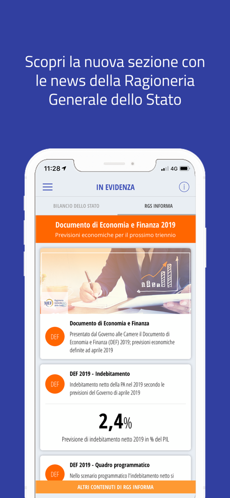 Écran d'application mobile montrant les actualités fiscales et les documents économiques du ministère italien de l'Économie et des Finances