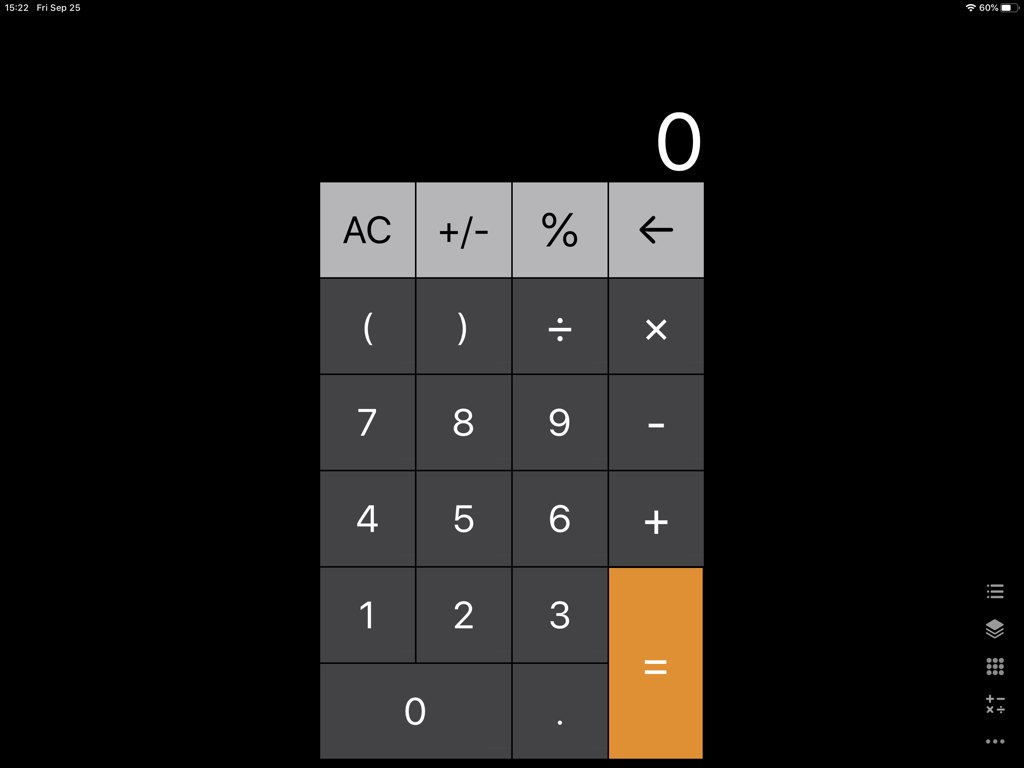 User interface of the Calculator for iPad plus app showing a clean dark theme with numeric keypad and operators
