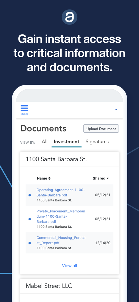 Investor-Portal - AppFolio Investor Portal interface displaying a list of real estate investment documents and operating agreements.