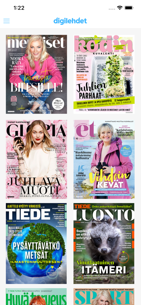 Screenshot of the Digilehdet app showing a collection of Finnish magazine covers including Me Naiset, Gloria, and Tiede.