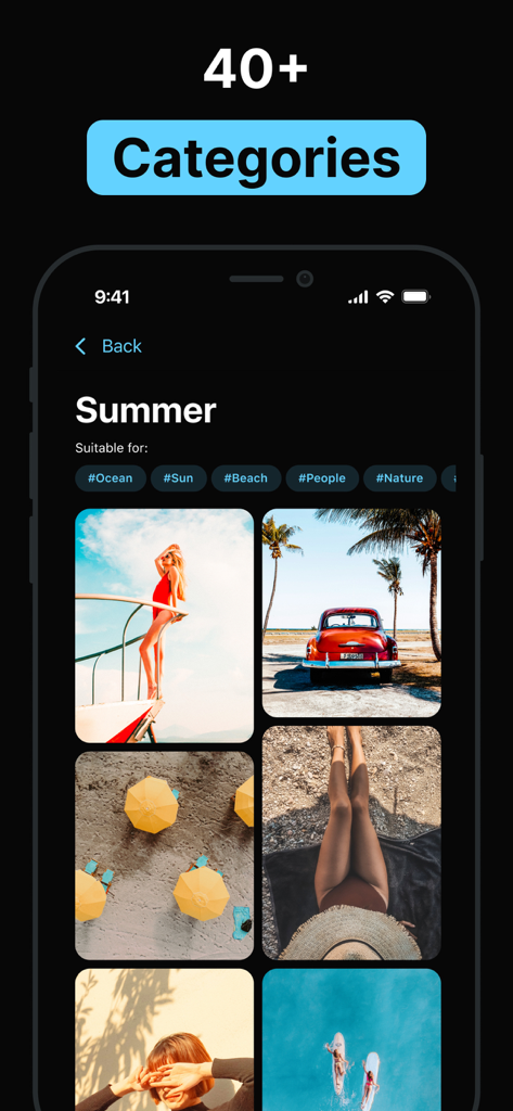 Presets for Lightroom Editor - ビーチや旅行のライフスタイルフィルターを含む、Lightroom写真プリセットのサマーカテゴリを表示するモバイルアプリ画面