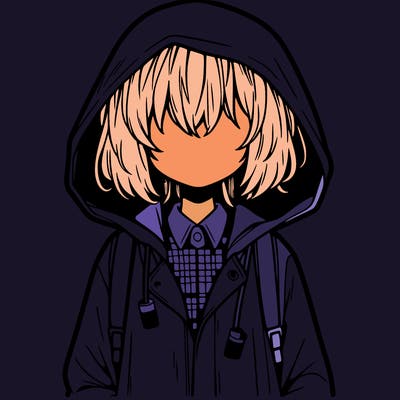 little anime girl in a raincoat her hair is covering her eyes she has a lighter