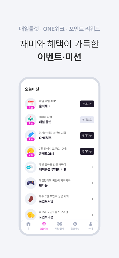 CJ ONE - Oberfläche der CJ ONE-App, die tägliche Missionen wie Roulette und Schrittverfolgung für Belohnungen anzeigt
