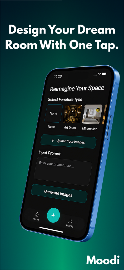 Room Planner Home Design Decor - Moodi mobile app interface for AI room planning and home decor design