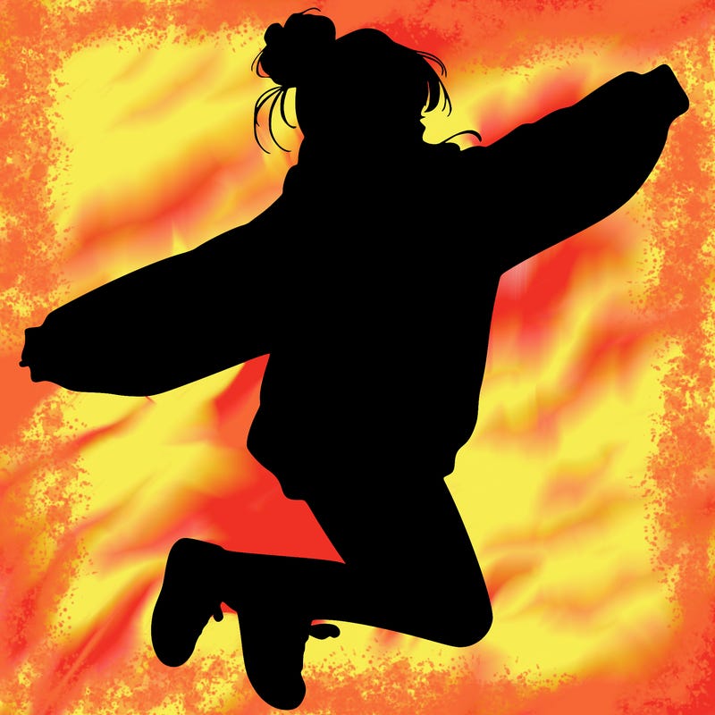 realistic girl jumping with a bun and oversized sweatshirt
