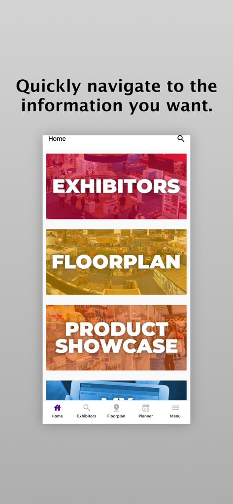 Sweets & Snacks Expo 2025 - Home screen of the Sweets and Snacks Expo 2025 mobile app showing buttons for exhibitors floorplan and product showcase