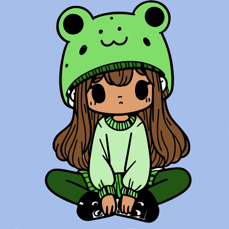 a girl wearing a frog hat and some frog socks