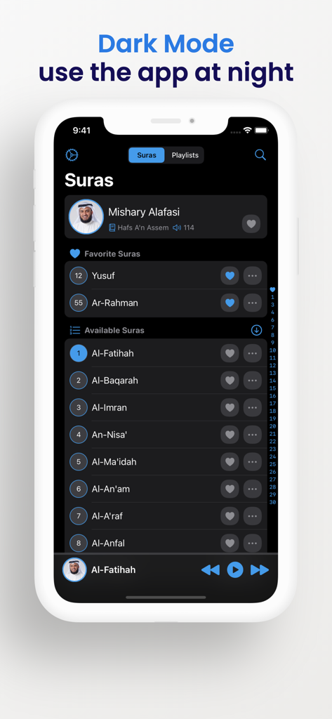 Tarateel AlQuran app interface in dark mode showing a list of Suras and the reciter Mishary Alafasi on an iPhone screen.