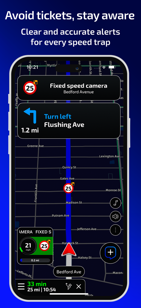 Radarbot: Speed Cameras | GPS - Pantalla de navegación de la aplicación Radarbot que muestra una alerta de radar fijo e instrucciones de conducción