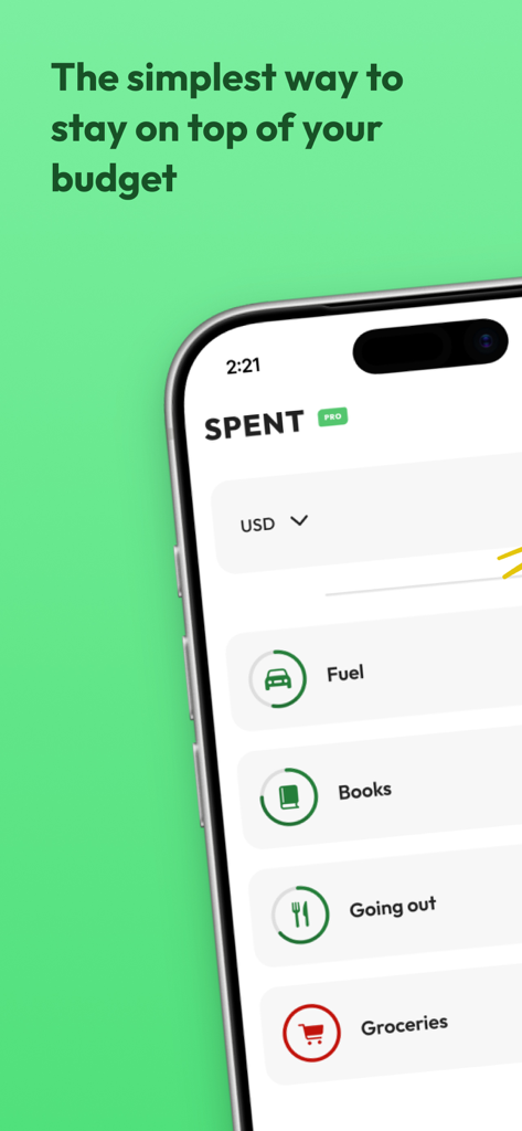 Spent - Track your expenses - Spent mobile app interface displaying expense categories like fuel, books, and groceries for simple budget tracking