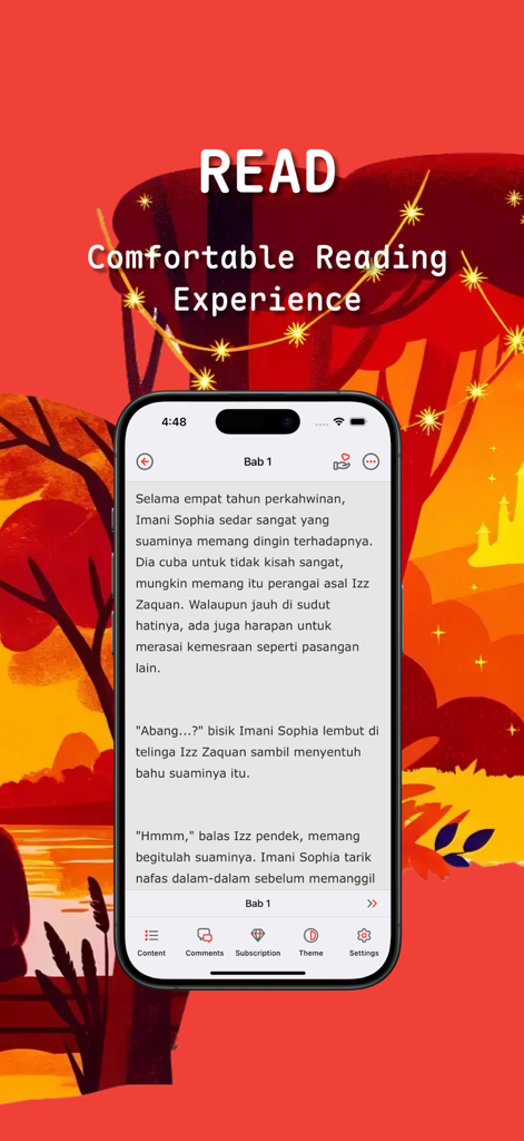A smartphone displaying the NovelPlus app with a clean and comfortable digital book reading interface