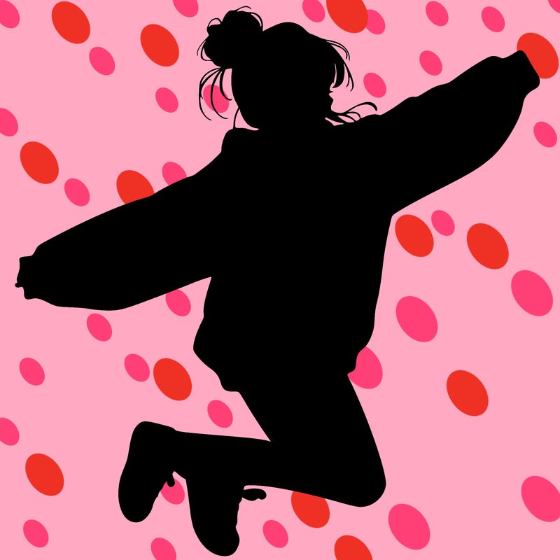 realistic girl jumping with a bun and oversized sweatshirt