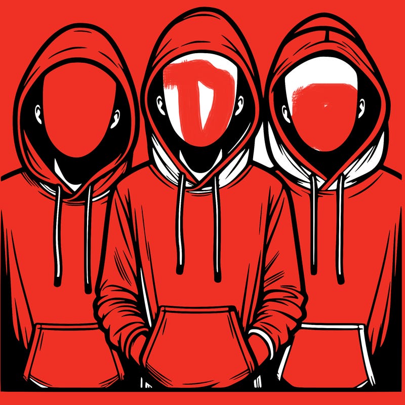 3 faceless people in  hoodies