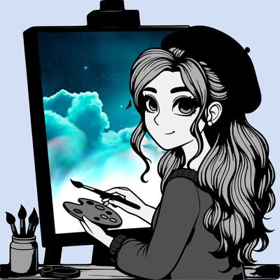 realistic girl artist painting a blank canvas