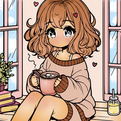 cute anime girl reading book and drinking hot chocolate from mug with loose wavy hair wearing a baggy sweatshirt and shorts sitting by windowsill looking out