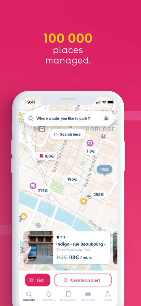 Yespark app interface showing urban parking locations and monthly prices on a map