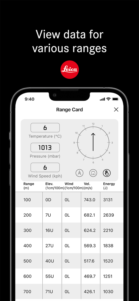 Leica Ballistics app range card showing shooting data for various distances.