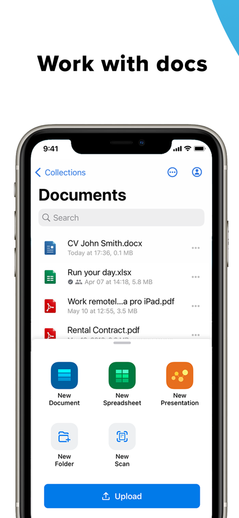 Interfaz de la aplicación MobiDrive que muestra una lista de documentos y un menú para crear nuevos archivos de Office en un teléfono inteligente