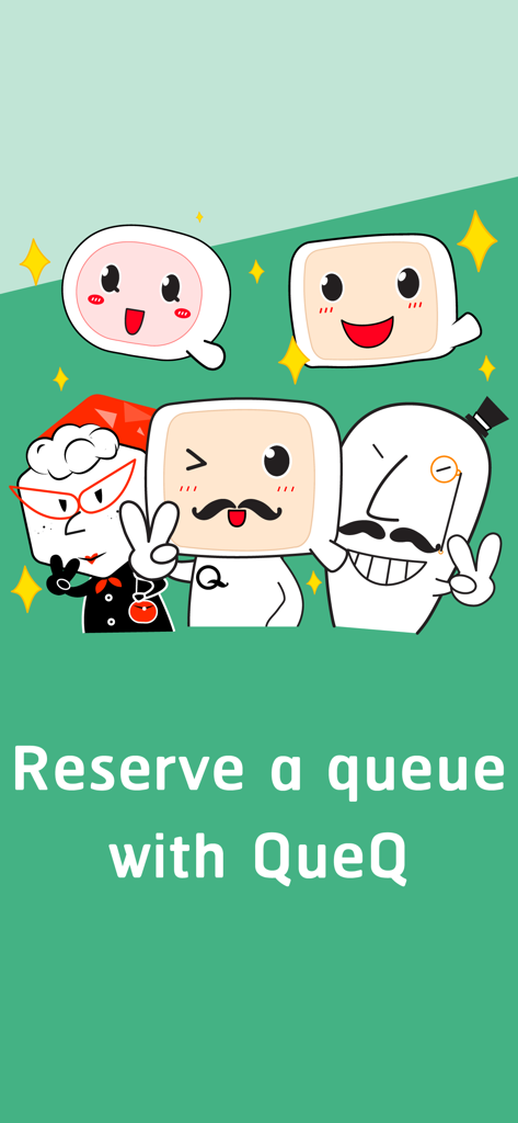 Group of cartoon characters with text saying Reserve a queue with QueQ