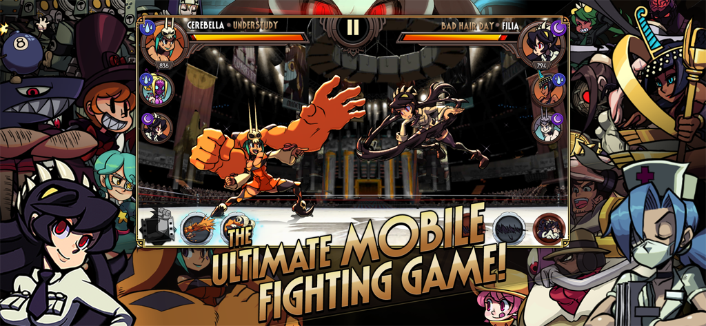 Handgezeichnete 2D-Kampfszene zwischen Cerebella und Filia im mobilen Spiel Skullgirls