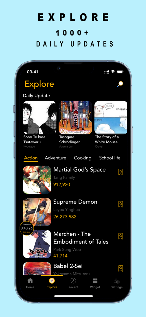 Manga Reader - MangaKakalot - Manga Reader app explore screen showing a collection of manga series and daily updates.