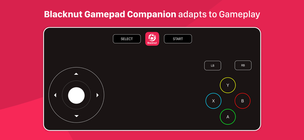 Blacknut Gamepad Companion - Interface de gamepad virtual com joystick e botões ABXY na tela de um smartphone