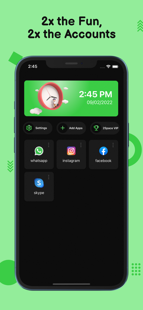 2Space - Multiple Accounts - iPhone screenshot of 2Space app dashboard with icons for multiple social media accounts like WhatsApp and Facebook