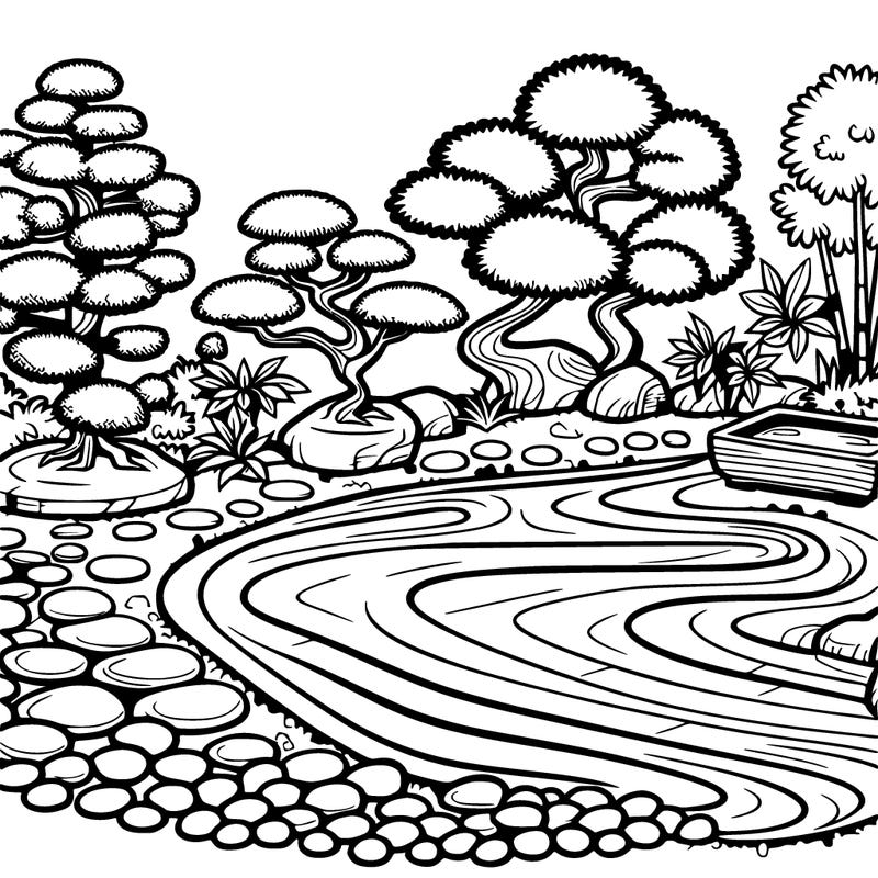 a serene zen garden with raked gravel, bonsai trees, and tranquil ponds