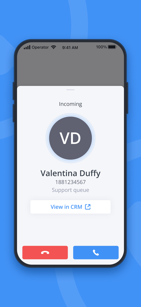 Ein eingehender Anrufbildschirm in der phone.systems App mit einem Link zur CRM-Integration und Anruferdetails.
