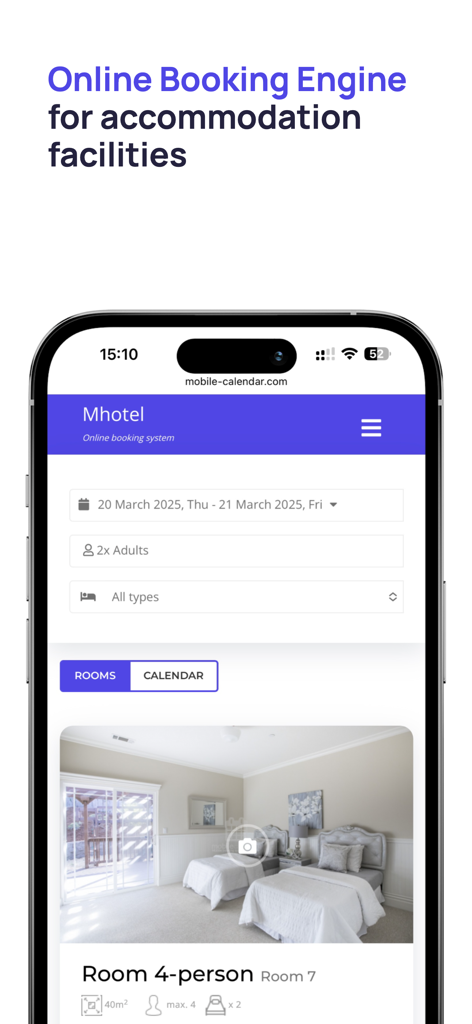 Interface du moteur de réservation en ligne pour les établissements d'hébergement sur l'application mobile-calendar