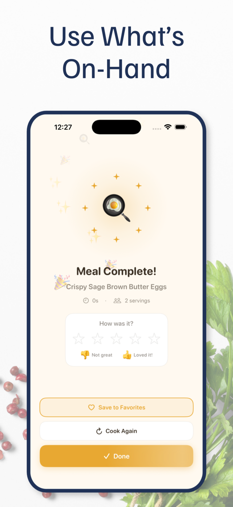 Butter - Quick Recipes - The Butter app meal complete screen for Crispy Sage Brown Butter Eggs with options to rate and save to favorites.