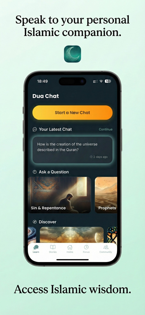Dua Chat app main screen showing AI conversation options for Islamic wisdom and Quranic questions