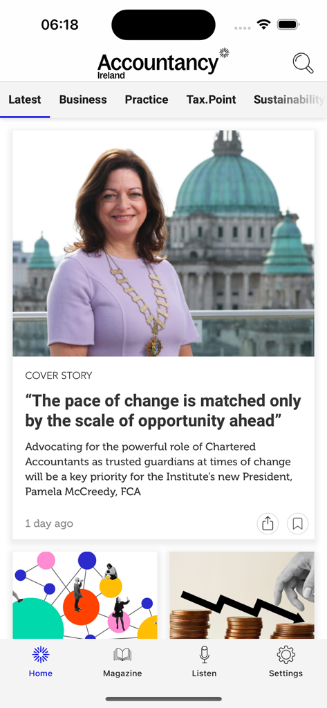 Accountancy Ireland - The home screen of the Accountancy Ireland mobile app featuring the cover story of the latest magazine issue.