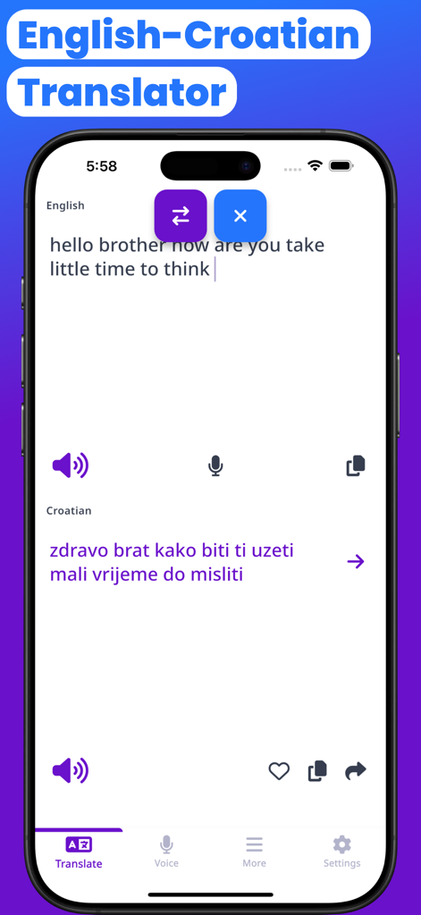 Croatian-English Translator - Screenshot of the Croatian-English Translator app interface showing a sentence translated from English to Croatian with voice and copy icons.